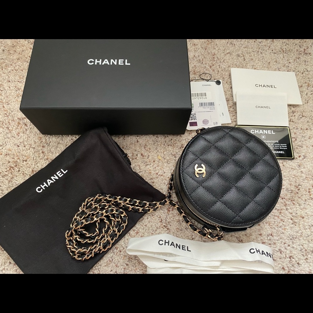 Chanel 20s Black Caviar Round bag clutch/w chain